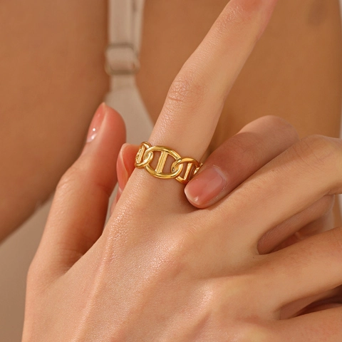 Anillo Cadena De Ancla Nariz De Cerdo Acero Inoxidable Chapado En Oro 18K Banda Abierta Ajustable Joyería De Moda INS