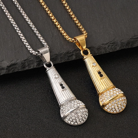 Collar Con Colgante De Micrófono Acero De Titanio Rhinestone Hip Hop Punk Rock Joyería De Música Para Hombres