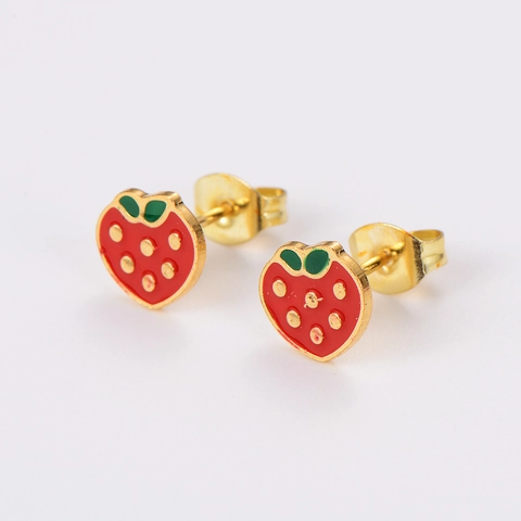 Strawberry Necklace And Earrings 304 Stainless Steel 18K Gold Plated Red Enamel Fruit Jewelry For Women Sweet Style