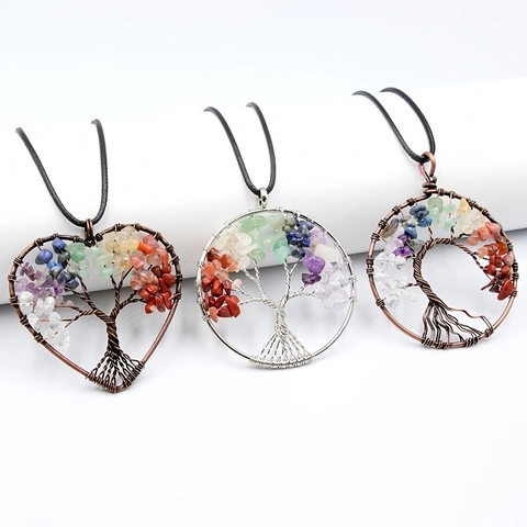 Tree Of Life Anhänger Halskette Handgefertigte Kupferdraht Umwickelt Naturstein Chakra Heilkristall Schmuck