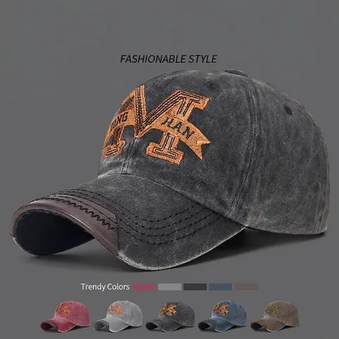 Vintage Washed Cotton Baseball Cap For Men Women Adjustable Retro Distressed Letter M Embroidery Outdoor Sun Protection Hat