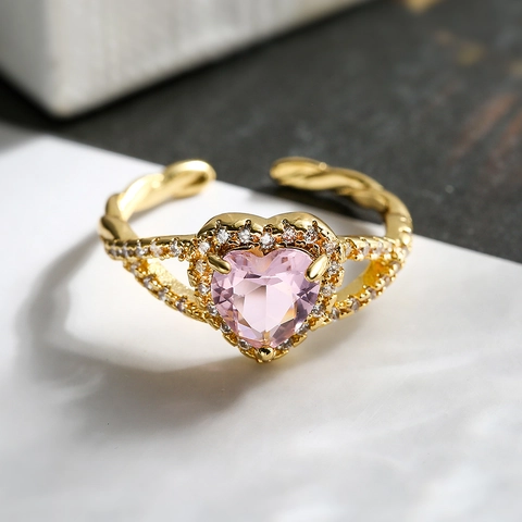 Herz Rosa Zirkonia Ring Kupfer 18K Vergoldet Micro Pave Verstellbares Offenes Band Eleganter Modeschmuck Für Damen