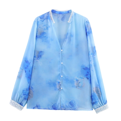 Women Blouse Chiffon Long Sleeve V Neck Floral Print Lace Trim Button Loose Casual Top