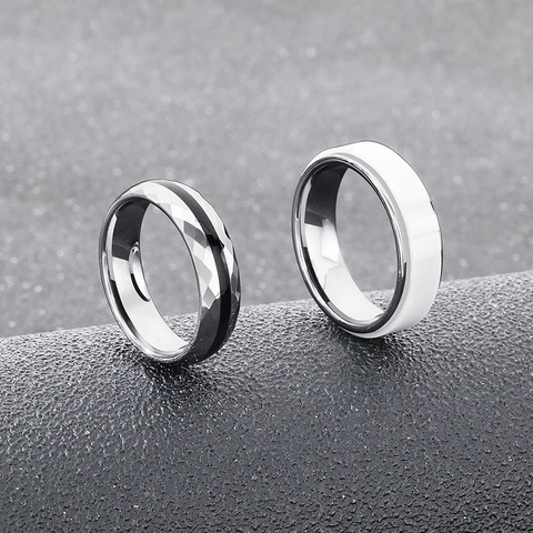 Anello Sfaccettato Geometrico Minimalista Acciaio Tungsteno Ceramica Striscia Nera Gioielli Stile Industriale