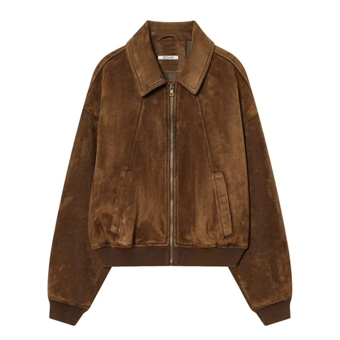 Chaqueta Bomber De Gamuza Vintage Para Mujer Color Sólido Cuello Vuelto Cremallera Informal Streetwear Holgada