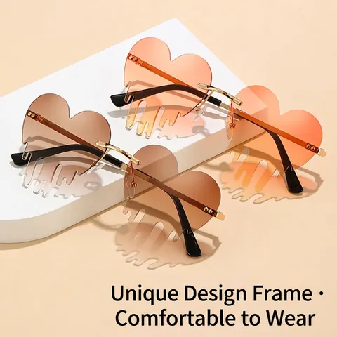 Herzförmige Randlose Sonnenbrille Mit Tropfendem Rand PC Gläser Metallrahmen Y2K Trendy Party Neuheit Unisex