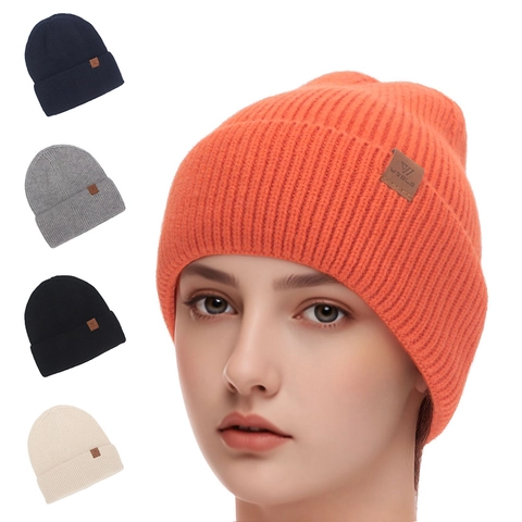 Gorro De Punto Acanalado Invierno Grueso Cálido Dobladillo Acrílico Etiqueta Cuero Sintético Color Sólido Moda Unisex Exterior