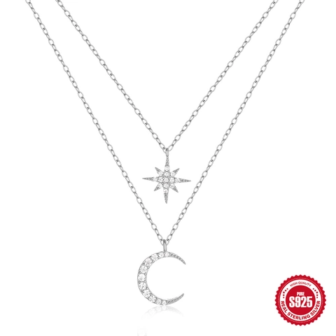 925 Sterling Silver Star Moon Necklace Double Layer Zirconia Octagram Crescent Pendants Bohemian Style For Women