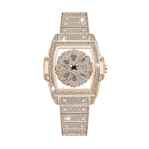 Reloj De Cuarzo Para Mujer Forma De Tonel Con Diamantes De Imitación Esfera De Flor Giratoria Lujo