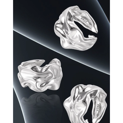 S925 Sterling Silver Irregular Wrinkle Texture Open Ring Niche Minimalist Liquid Metal Style Adjustable Wide Band Finger Ring For Women