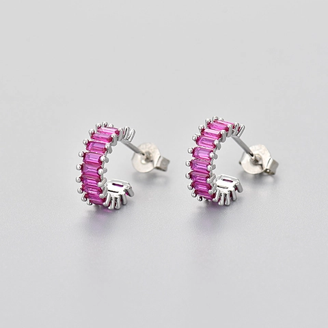 Baguette Schliff Bunte Zirkon Creolen Geometrischer Funkelnder Kupferschmuck Mit Silbernem Ohrstecker Für Damen