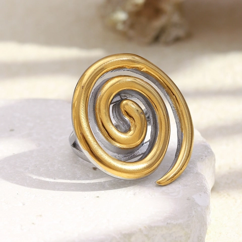 Spiraal Open Ring 18K Verguld Roestvrij Staal Geometrisch Gedraaid Tweekleurig Minimalistische Sieraden Voor Dames