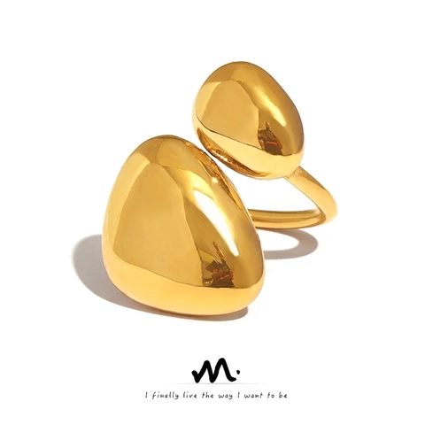 Minimalistischer Edelstahl Unregelmäßiger Kiesel Offener Ring Für Damen 18K Vergoldet Organische Bohnenform Verstellbarer Modeschmuck Ring