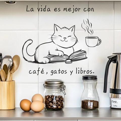 Cat Coffee Books Wall Sticker Spanish Quote PVC Removable Art Decal For Kitchen Living Room Decor