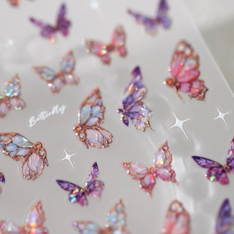 Holographic Butterfly Nail Art Stickers Gold Stamping Colorful Adhesive Decals DIY Manicure Luxury Dreamy Ins Style Relief Decor