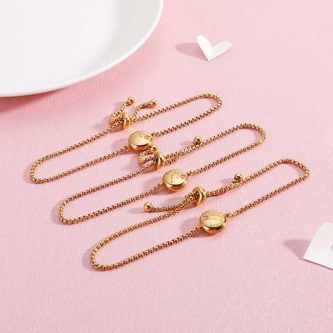 Twelve Zodiac Constellation Adjustable Bolo Bracelet Stainless Steel Gold Plated Cubic Zirconia Round Pendant Gift For Women