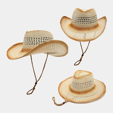 Cappello Da Cowboy In Paglia Di Carta Traforato Traspirante Tesa Larga Protezione Solare Viaggio Con Corda Antivento