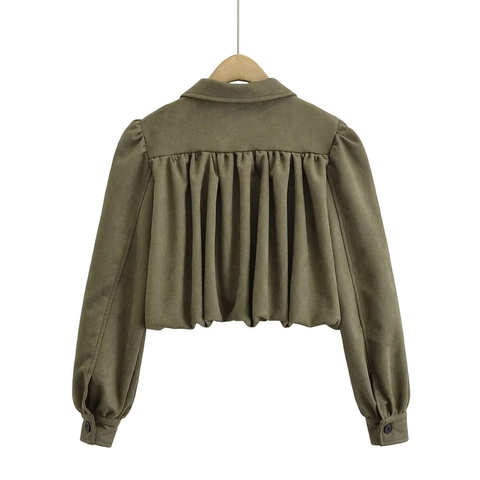 Damenjacke Aus Wildlederimitat Olivgrün Revers Lange Verpuffte Ärmel Kurzer Lockerer Mantel Mit Faltenumsaum Elegant
