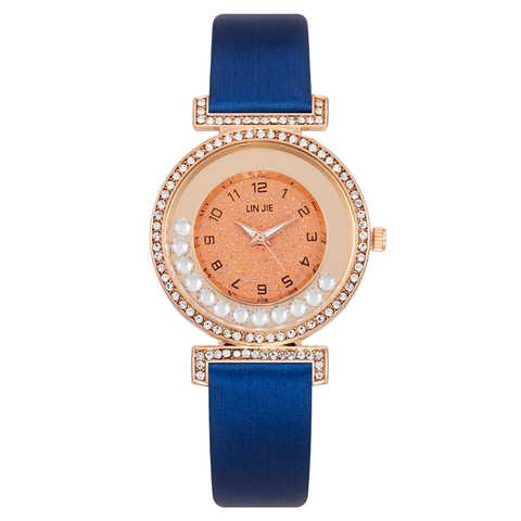 Fashion Luxury Women Quartz Watch Rose Gold Rhinestone Metal Case Scrolling Floating Crystals Leather Strap Elegant Dress Wristwatch For Ladies