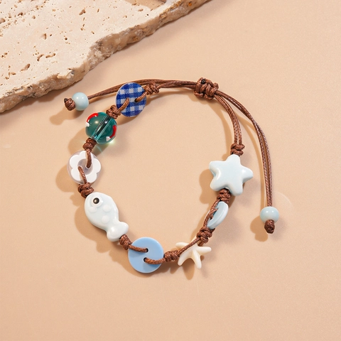Handgefertigtes Keramikperlen Armband Ozean Seestern Fisch Charm Verstellbares Geflochtenes Seil Sommerurlaub Boho Schmuck