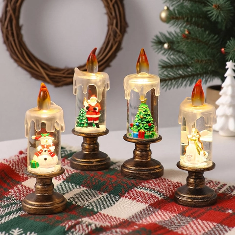 Bougie LED Noël Boule À Neige Eau Paillettes Père Noël Bonhomme De Neige Base Bronze Rétro Plastique Décoration De Fête