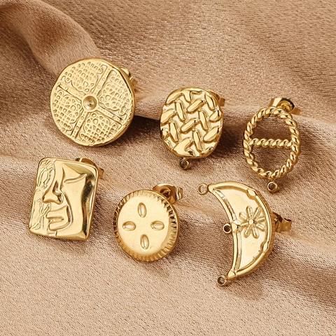 Stainless Steel Gold Plated Stud Earring Components With Loop DIY Earring Findings Abstract Face Geometric Textured For Women