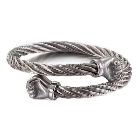 Retro Men Stainless Steel Cable Wire Cuff Bracelet With Boxing Glove Fist Design Adjustable Punk Jewelry