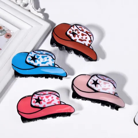 Pince À Cheveux Chapeau De Cow-Boy Style Américain Rétro Imprimé Vache Étoile Décoratif Accessoire Pour Femmes