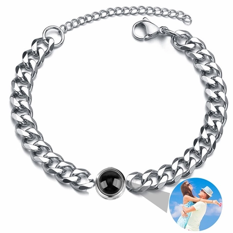 Bracciale A Catena Cubana In Acciaio Inossidabile Con Proiezione Foto Cento Lingue Ti Amo Per Uomo Donna Gioielli