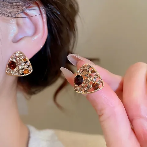 Pendientes De Botón Triangulares Huecos Vintage Con Diamantes De Imitación Y Silver Earring Post Joyería Geométrica
