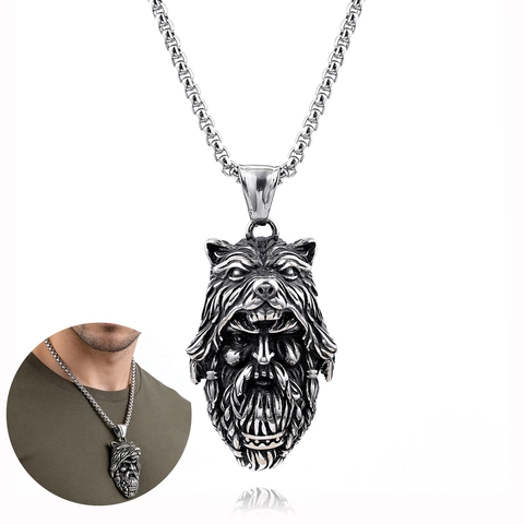 Viking Warrior Wolf Head Pendant Stainless Steel Vintage Nordic Mythology Jewelry Men Biker Style Retro