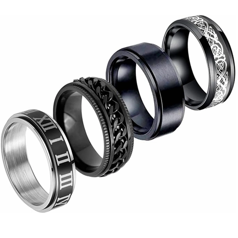 Men Titanium Steel Spinner Rings Set 4Pcs Roman Numerals Chain Celtic Knot Pattern Vintage Punk Rotating Band Rings Fashion Jewelry