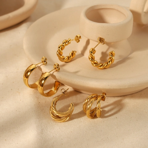 Chunky C-Shape Hoop Earrings Titanium Steel 18K Gold Plated Twisted Rope Braided Geometric Fashion Jewelry For Women
