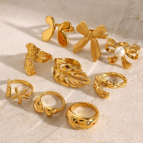 Anello In Acciaio Inossidabile Oro Per Donna Impermeabile Ipoallergenico Perla Artificial Stella Marina Foglia Gioielli Aperti Vintage