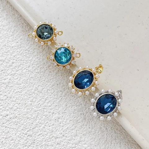 Copper Gold Plated Blue Zircon Artificial Pearl Pendant Charms DIY Jewelry Making Connector Accessory
