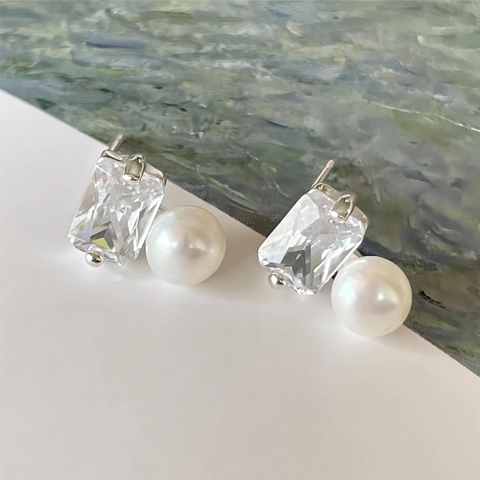 Pendientes De Botón Geométricos Con Poste De Plata Esterlina 925 Circonita Rectangular Y Perla Artificial Redonda Minimalista Elegante