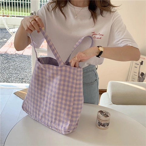 Damen Wendbare Canvas Tragetasche Karo Muster Große Kapazität Schultertasche Baumwolle Patchwork Ästhetisch Lässig Schule