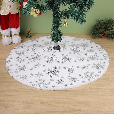 Christmas Tree Skirt White Plush Faux Fur Gold Silver Snowflake Sequin Holiday Decor Base Cover