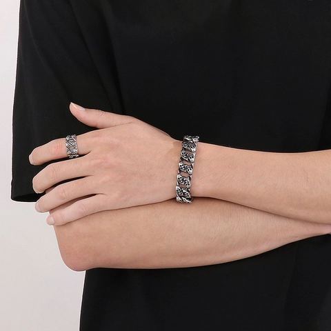 Men Punk Skull Jewelry Stainless Steel Cuban Link Bracelet And Ring Vintage Retro Gothic Biker Style