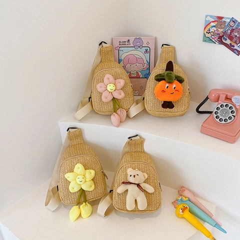 Kids Straw Woven Chest Bag Cartoon Bear Flower Decoration Summer Outdoor Cute Crossbody Bag For Girls