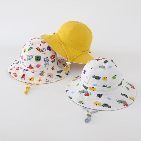 Cappello Alla Pescatora In Cotone Per Bambini Reversibile Stampa Cartoon Protezione Solare Traspirante Con Cinturino Sottogola