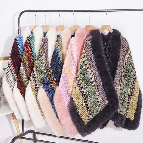 Dames Gebreide Sjaal Cape Met Kraag Van Imitatiebont Etnische Boho Golfpatroon Warme Cardigan Mantel Voor Winterreizen