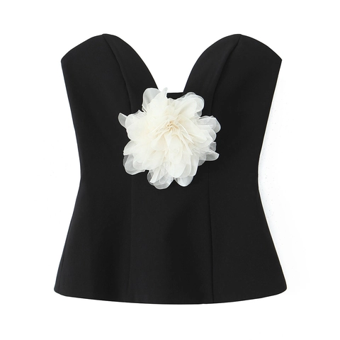 Top De Tubo Palabra De Honor Mujer Escote Corazón Con Flor De Malla Grande Color Contrastado Ajustado Estilo Elegante Negro
