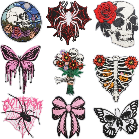 Parches Bordados Góticos Rosa Calavera Araña Mariposa Lazo Rosa Negro Punk Apliques Decorativos Para Ropa Chaquetas