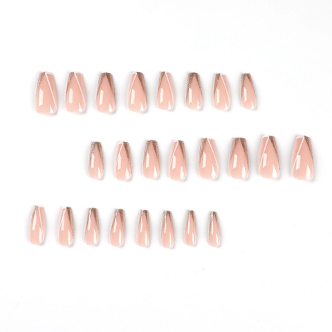 Uñas Postizas Francesas Rosa Nude Coffin Largo Brillo Dorado Línea Geométrica Blanca Manicura Artificial Para Mujeres