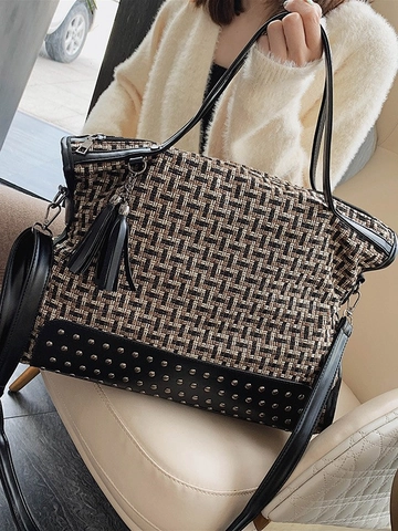 Μεγάλη Τσάντα Tote Tweed Υφαντό PU Δέρμα Patchwork Καρφιά Διακόσμηση Φούντα Μόδα Ώμου Τσάντα Χιαστί Για Γυναίκες