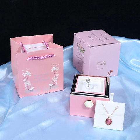 Rotating Eternal Rose Jewelry Box Set With Gift Bag Necklace Ring Packaging For Valentine Day Wedding Engagement Women