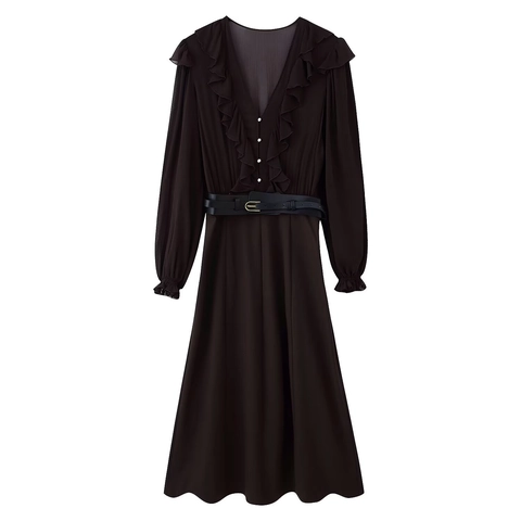 Women Chiffon Maxi Dress Ruffle V Neck Long Sleeve Belted Pleated Solid Color Elegant Ladies Gown