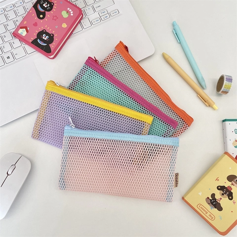 Astuccio Per Matite Grande Capacità In Rete Di Nylon Borsa Per Cancelleria Colori A Contrasto Organizzatore Portatile Per Studenti Ragazze
