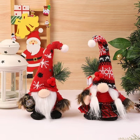 Kerstkabouter Pluche Ornamenten Gebreide Lange Muts Gezichtsloze Pop Tomte Decoratie Met Kunstbont Baard Buffalo Ruit Rok